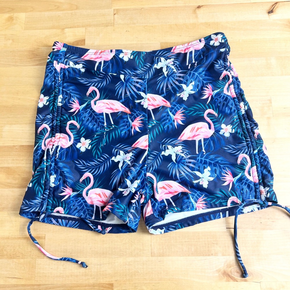 Yonique Swim Shorts Flamingo Ruched Side Women Size M Navy Blue Tropical Floral